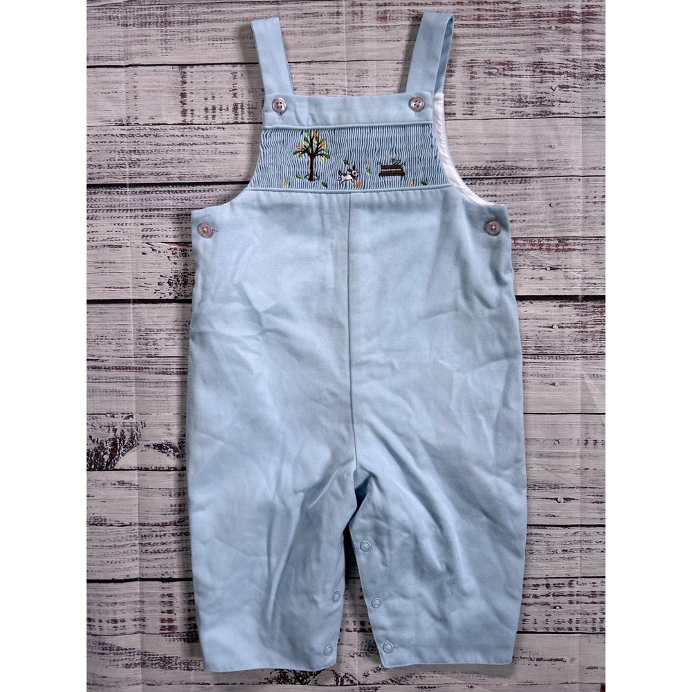 Talbots Kids Vintage Overalls Kids Light Blue Smocked Embroidered Dog Tree 12M